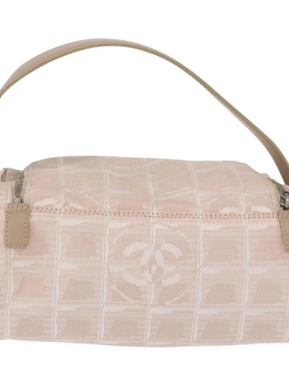 CHANEL New Travel Line Hand Bag Canvas Beige Silver CC Auth 183877